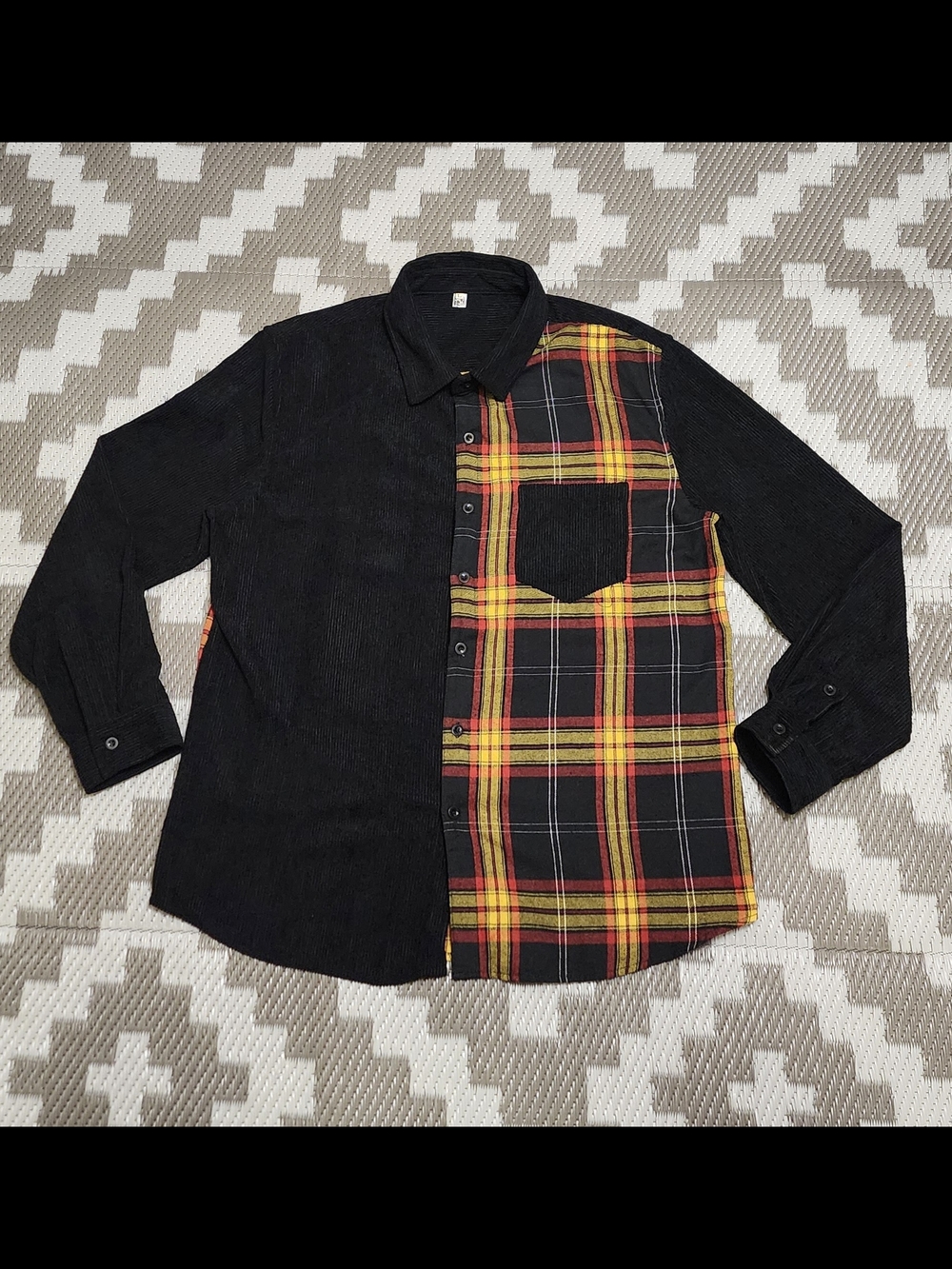 Half-and-Half Black & Yellow Plaid Men's Button-Down Shirt